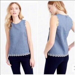 J. Crew Scalloped Chambray Sleeveless Blouse Denim Grommet Top (12)